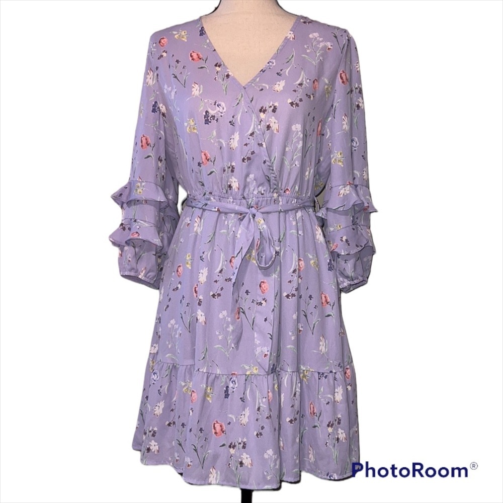 GILLI large tie waist dress v neck lined purple local floral elastic sleeves